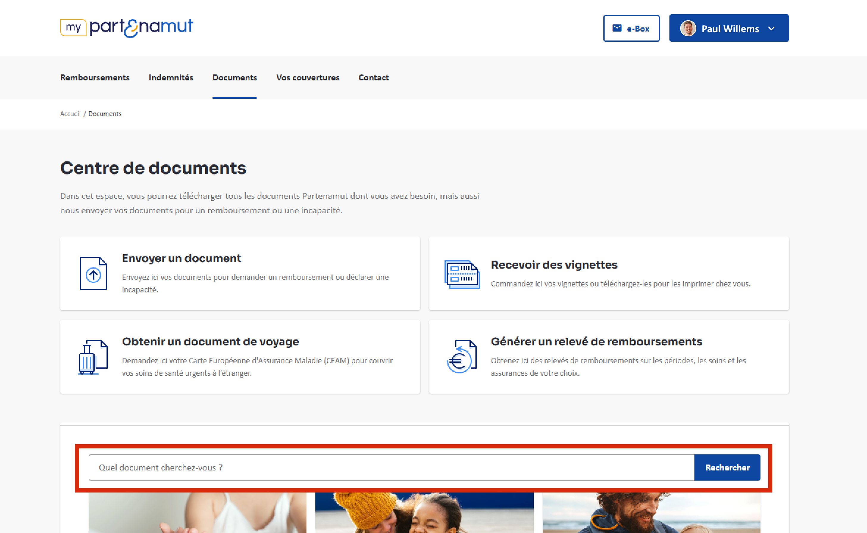 Lorsqu’une personne a cliqué sur « Documents » elle accède à la page « Centre de documents ». Il y a 4 boutons sous le titre principal de la page : Envoyer un document, Recevoir des vignettes, Obtenir un document de voyage, Générer un relevé de remboursements. Sous ces boutons, se trouve un moteur de recherche dans lequel vous pouvez taper le nom du document recherché.