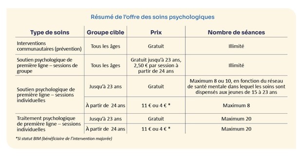 Résumé de l’offre des soins psychologiques présenté sous forme de tableau