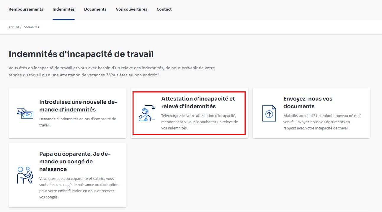 L’image montre une capture d’écran de la page Indemnités de l’espace client My Partenamut. En dessous du premier paragraphe se trouvent 4 encadrés cliquables, le deuxième est Attestation d’incapacité et relevé d’indemnités.
