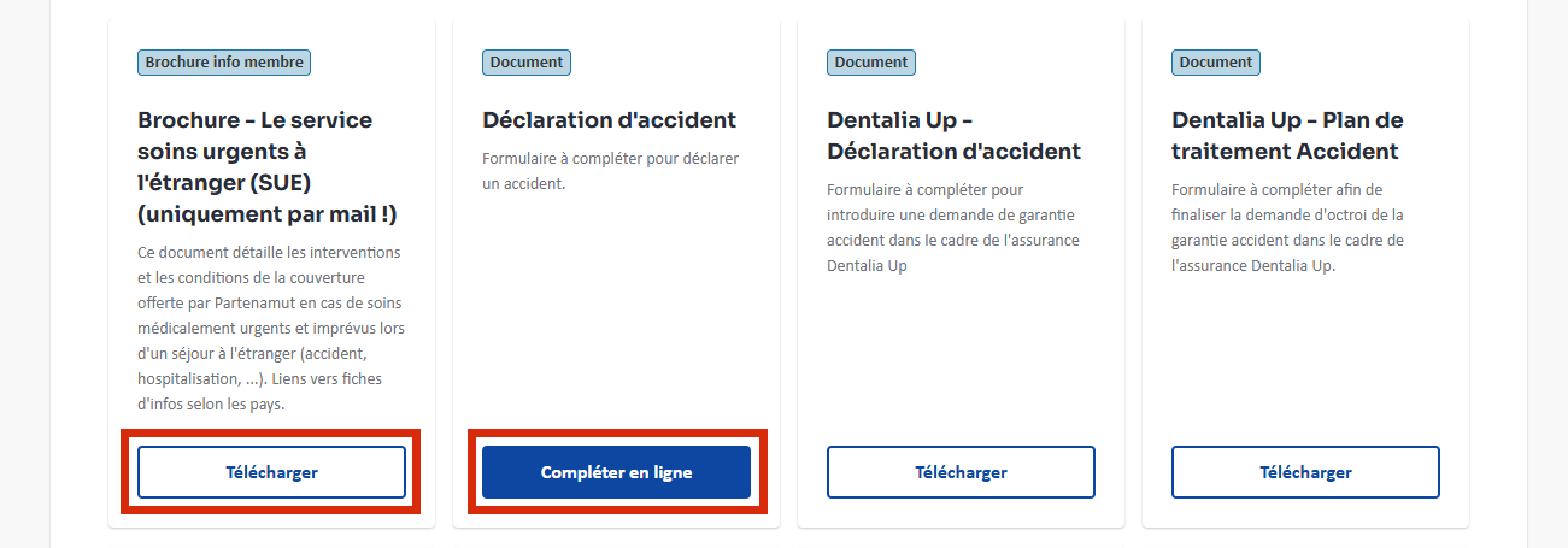 Cliquer sur un thème, donne accès à nouvel écran affichant un ou plusieurs documents avec la possibilité, pour chacun d’eux, de cliquer sur un bouton « Télécharger » ou « Compléter en ligne ».