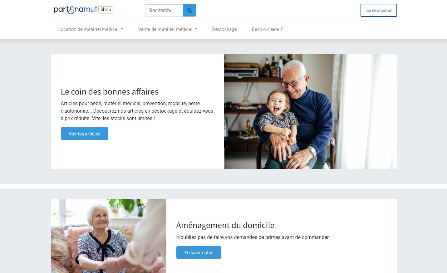 Capture d'écran de la page d'accueil du site Partenamut Shop.
