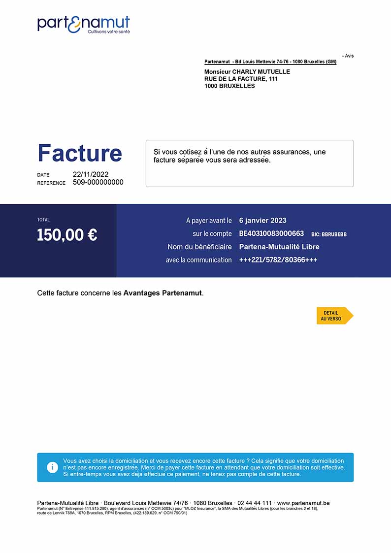 La facture indique le vrai numéro de compte de Partenamut : BE40 3100 8300 0663.