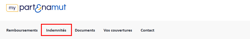 L’image montre le menu de navigation en haut de la page d’accueil de l’espace client My Partenamut. L’onglet Indemnités est entouré.